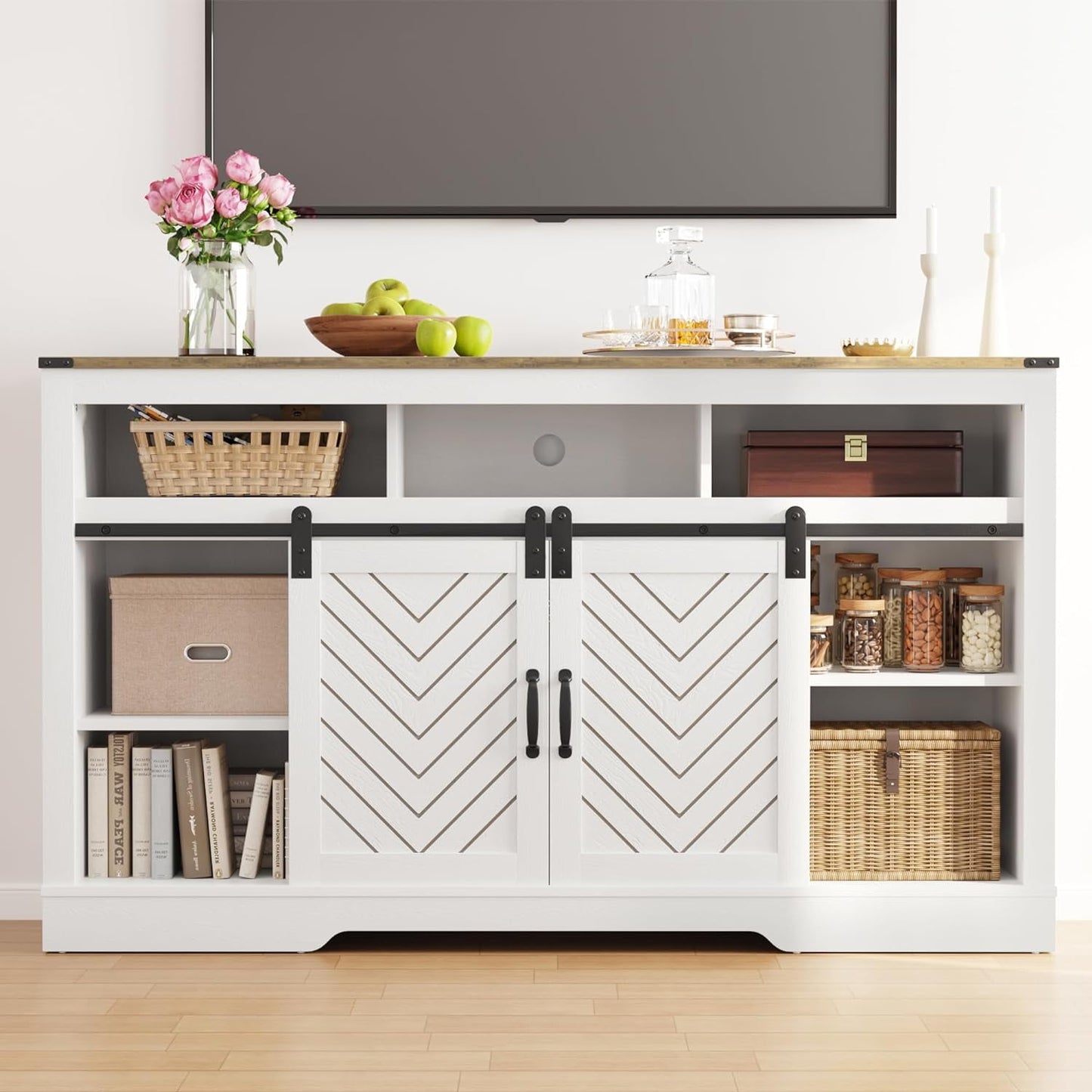 RoyalCraft Farmhouse Fireplace TV Stand for 65+ Inch TV, Entertainment Center with 23" Electric Fireplace with Remote, Modern Rustic TV Console with Sliding Bar Door for Living Room