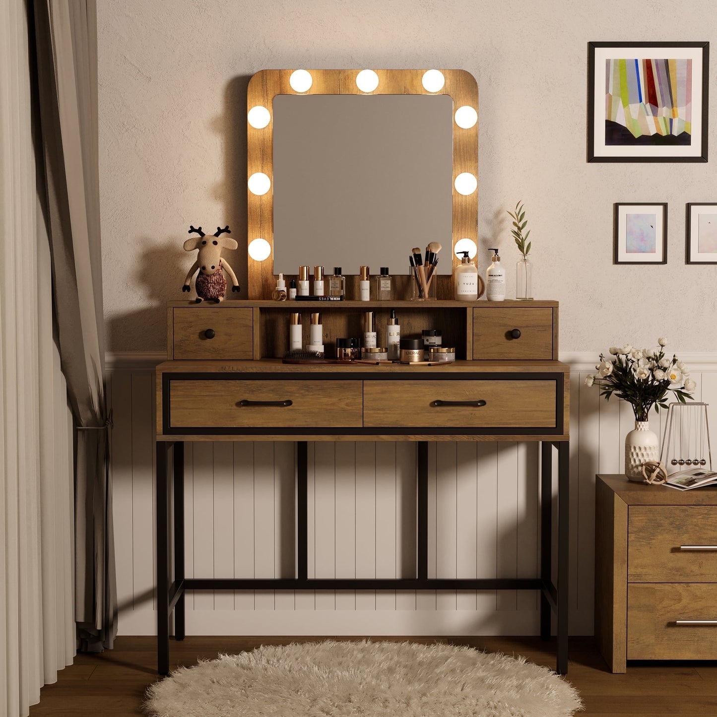 Royalcraft Makeup Vanity Table Set with Sliding Lighted Mirror, White Dressing Table with 3 Color Touch Light, Small Vanity Desk with 4 Drawer & Hidden Shelves for Women Girls