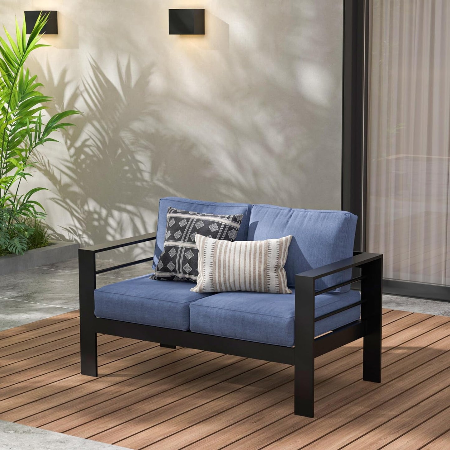 RoyalCraft Patio Furniture Aluminum Loveseat, All-Weather Outdoor 2 Seats Sofa Couch, Black Metal Chair with Blue Cushions