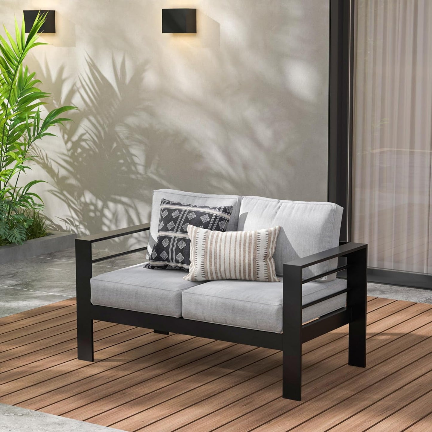 RoyalCraft Patio Furniture Aluminum Loveseat, All-Weather Outdoor 2 Seats Sofa Couch, Black Metal Chair with Blue Cushions