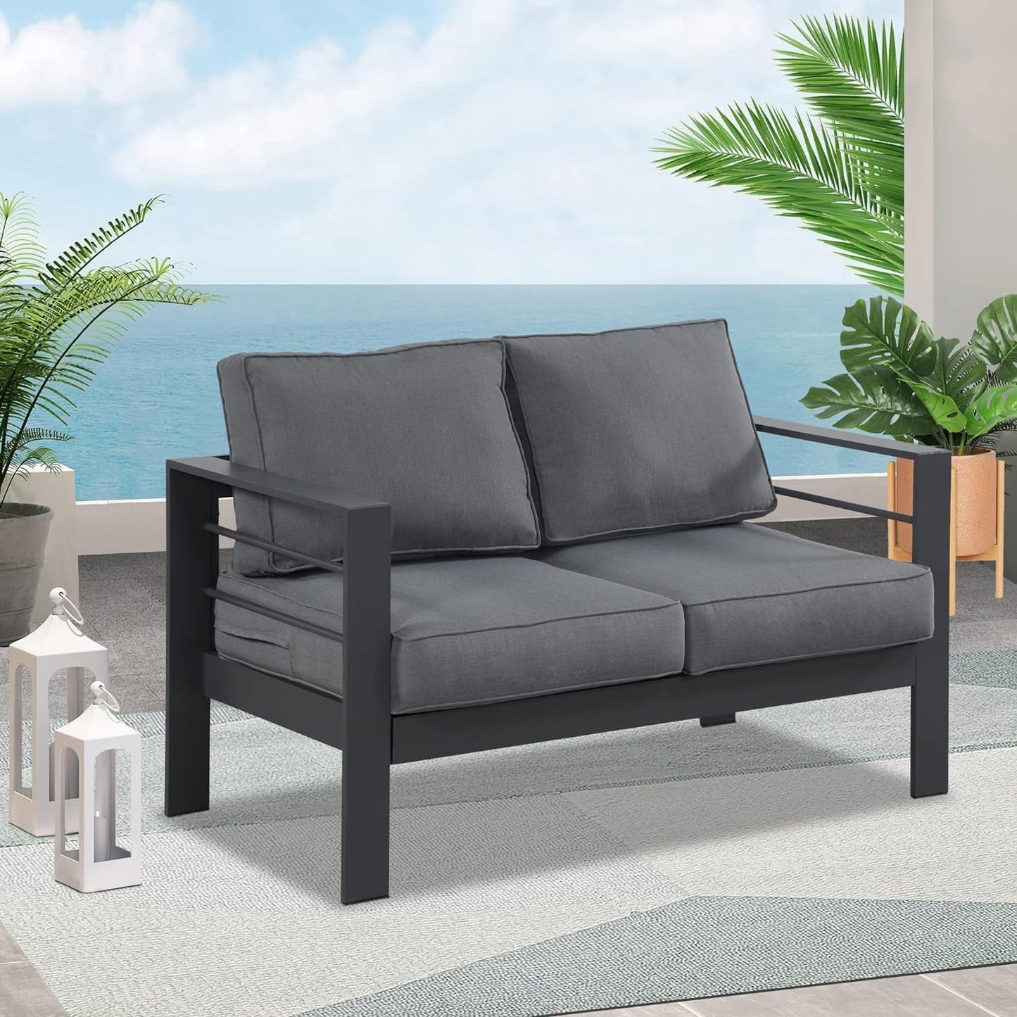 RoyalCraft Patio Furniture Aluminum Loveseat, All-Weather Outdoor 2 Seats Sofa Couch, Black Metal Chair with Blue Cushions