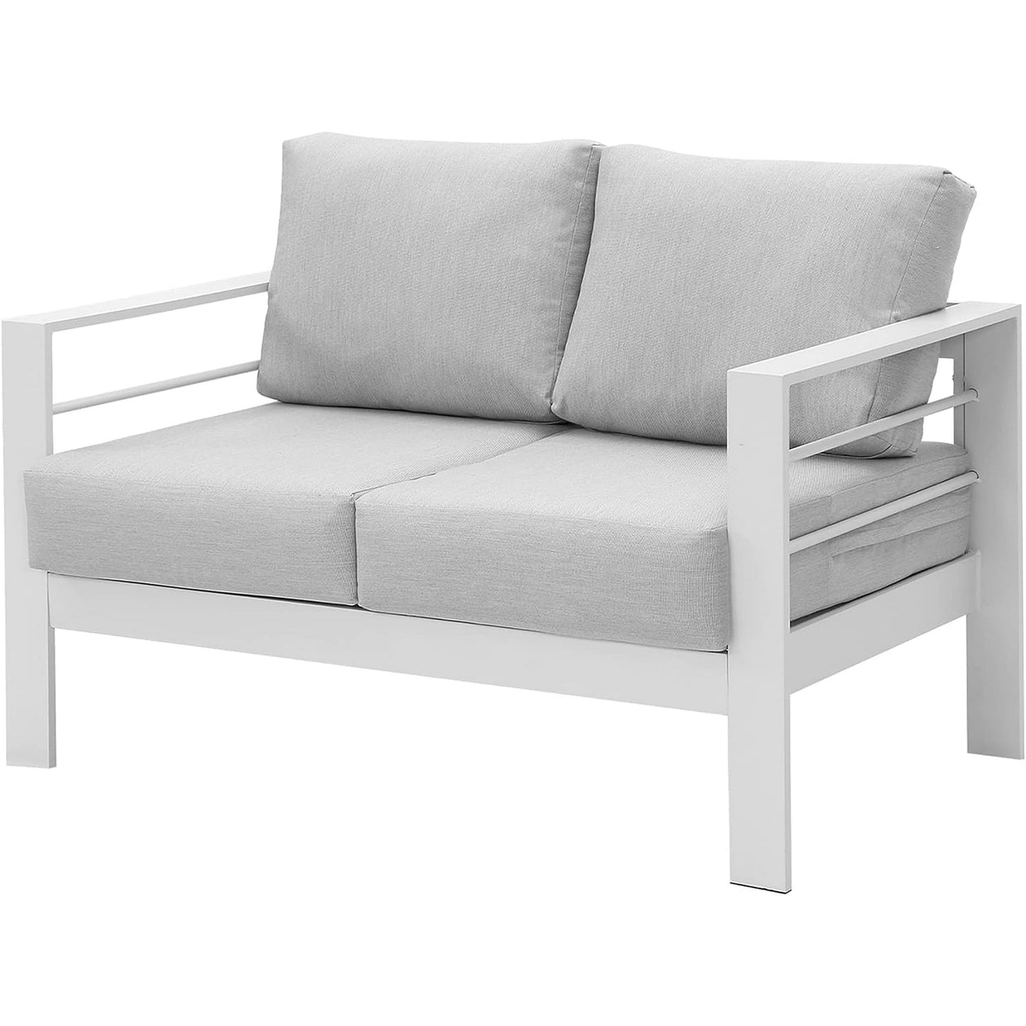 RoyalCraft Patio Furniture Aluminum Loveseat, All-Weather Outdoor 2 Seats Sofa Couch, Black Metal Chair with Blue Cushions