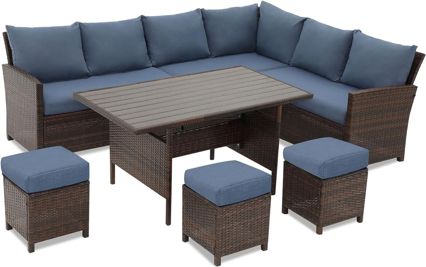 RoyalCraft Patio Furniture Set, 7 Piece High Curved Back Outdoor Dining Sectional Sofa with Dining Table and Chair, All Weather Wicker Conversation Set with Ottoman