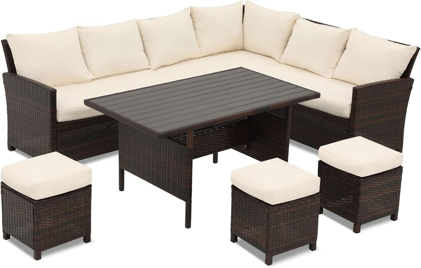 RoyalCraft Patio Furniture Set, 7 Piece High Curved Back Outdoor Dining Sectional Sofa with Dining Table and Chair, All Weather Wicker Conversation Set with Ottoman