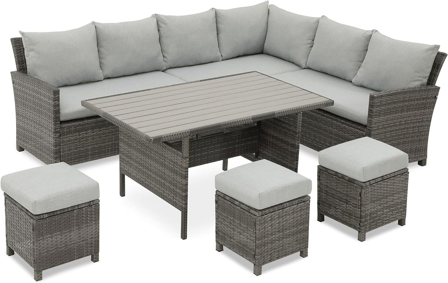 RoyalCraft Patio Furniture Set, 7 Piece High Curved Back Outdoor Dining Sectional Sofa with Dining Table and Chair, All Weather Wicker Conversation Set with Ottoman