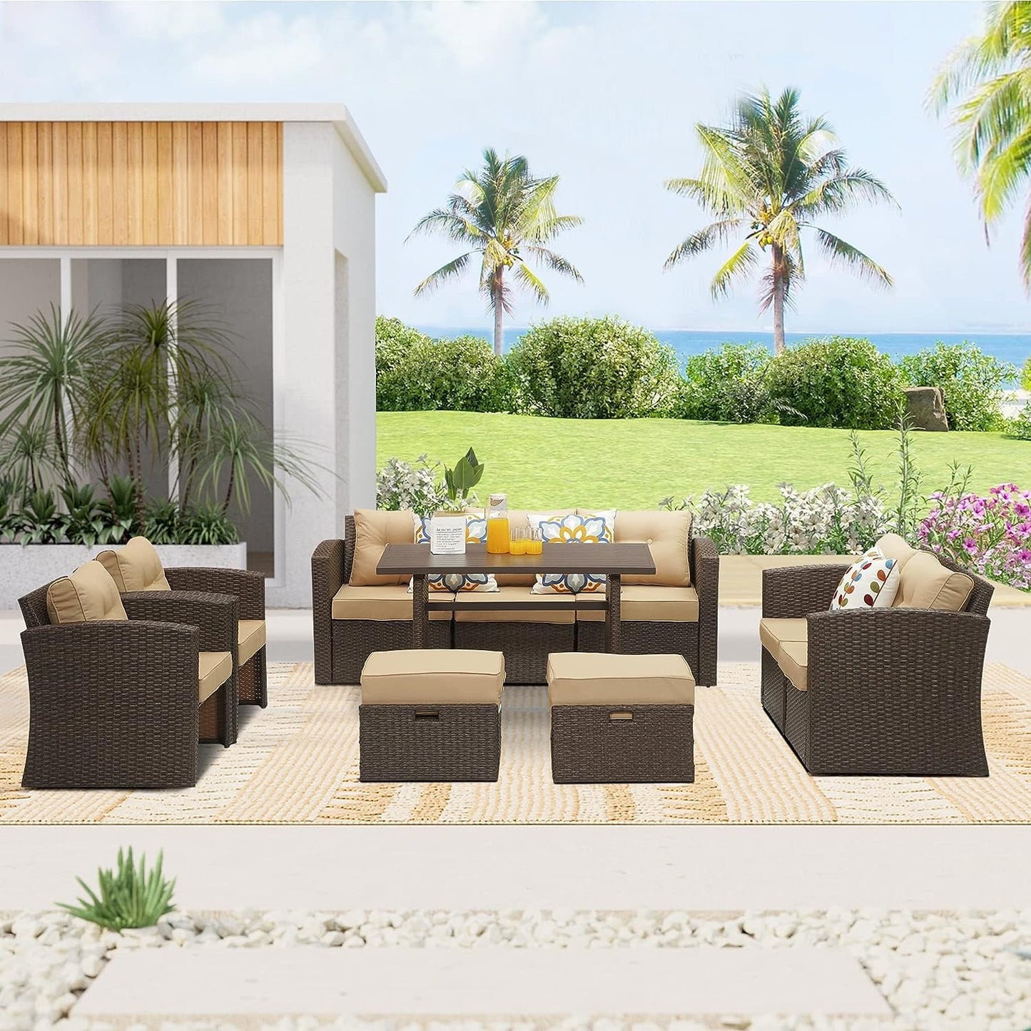Royalcraft 7-Piece Patio Furniture with Waterproof Outdoor Coffee Table, Lightweight Aluminum Frame, Ergonomic Design, All-Weather Wicker Rattan, Non-Slip Cushions, Brown Wicker and Beige Cushion