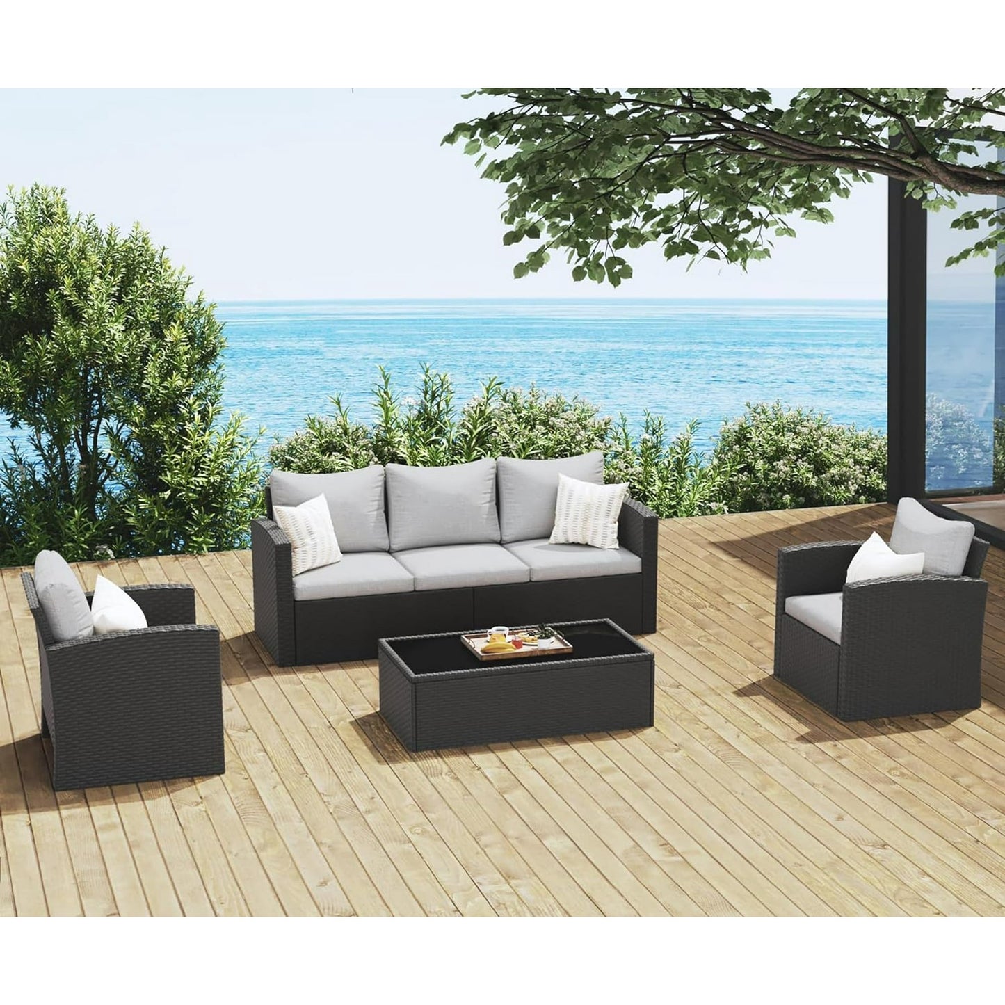 Royalcraft 6 Piece Patio Furniture Set, Wicker Outdoor Sectional Sofa, Rattan Conversation Set with Tempered Glass Coffee Table, Water-Resistant Cushions for Porch, Backyard, Garden, Grey