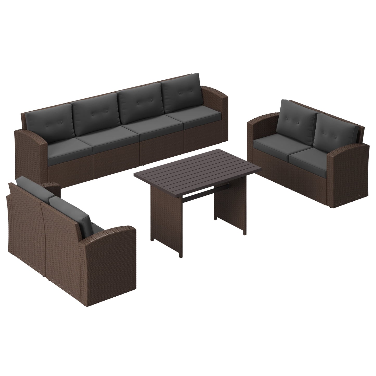 Royalcraft 7-Piece Patio Furniture with Waterproof Outdoor Coffee Table, Lightweight Aluminum Frame, Ergonomic Design, All-Weather Wicker Rattan, Non-Slip Cushions, Brown Wicker and Beige Cushion