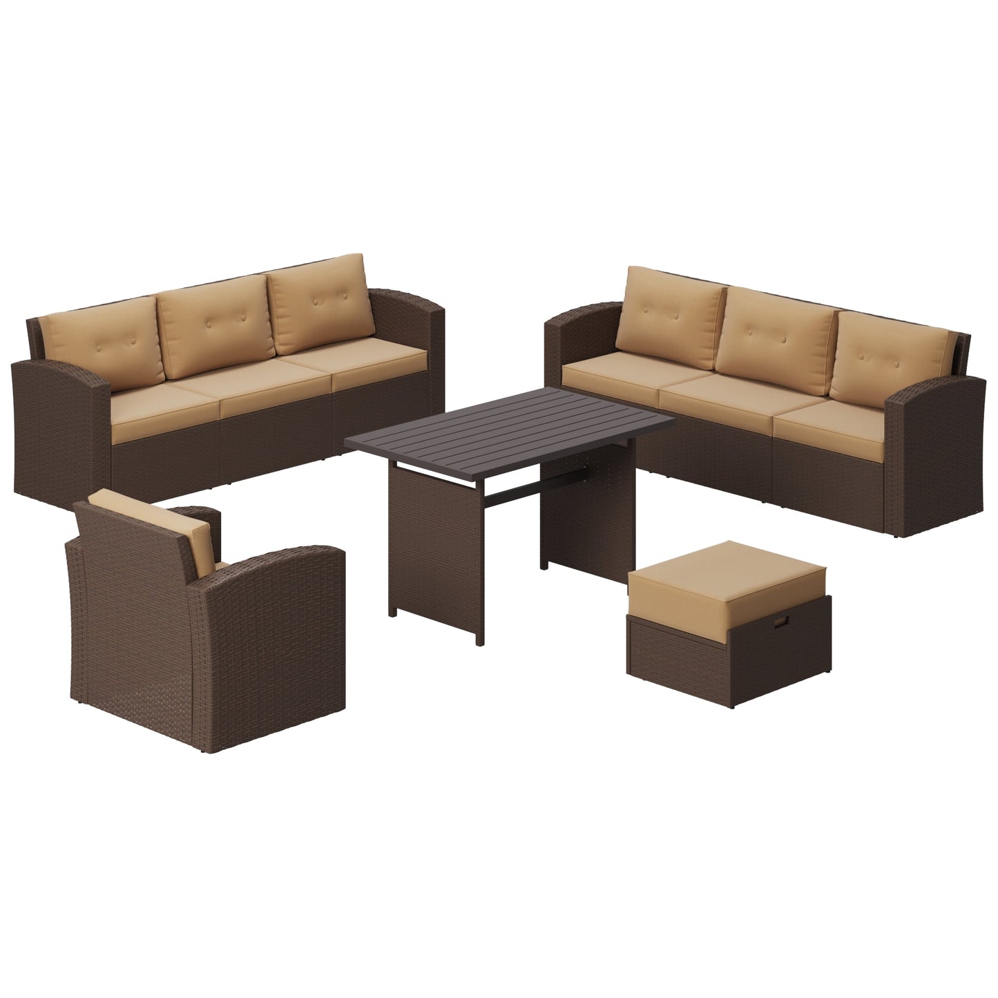Royalcraft 7-Piece Patio Furniture with Waterproof Outdoor Coffee Table, Lightweight Aluminum Frame, Ergonomic Design, All-Weather Wicker Rattan, Non-Slip Cushions, Brown Wicker and Beige Cushion
