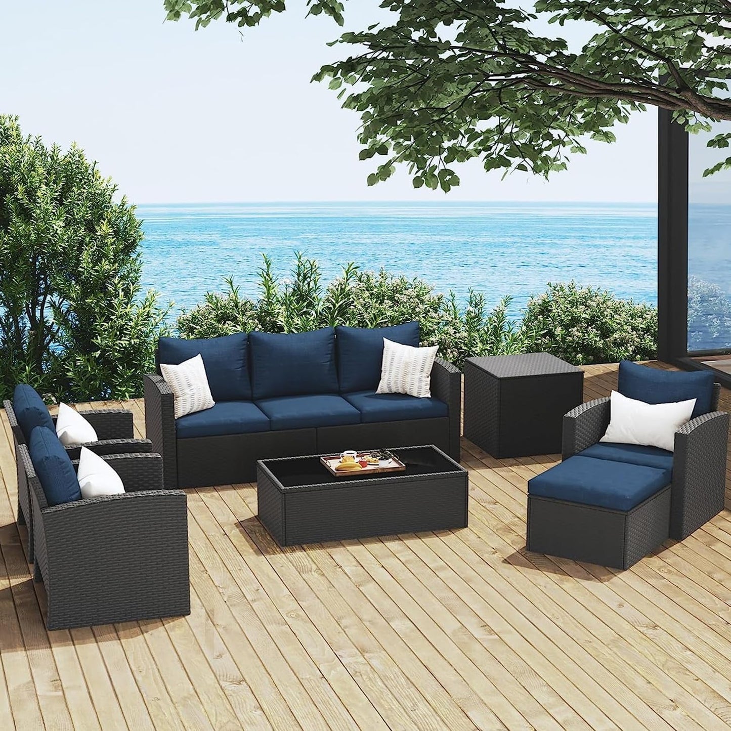 Royalcraft 9 Pieces Patio Furniture Set, All Weather PE Wicker Rattan Outdoor Sectional Sofa with Coffee Table and Navy Blue Cushion, Outdoor Furniture for Lawn Backyard Poolside Porch