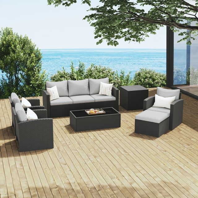 Royalcraft 9 Pieces Patio Furniture Set, All Weather PE Wicker Rattan Outdoor Sectional Sofa with Storage Box and Cushion, Outdoor Furniture for Lawn Backyard Poolside Porch