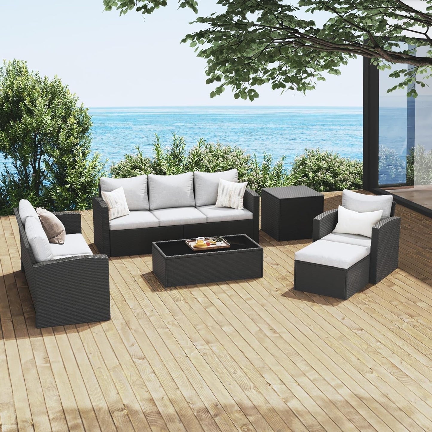 Royalcraft 9 Pieces Patio Furniture Set, All Weather PE Wicker Rattan Outdoor Sectional Sofa with Coffee Table and Navy Blue Cushion, Outdoor Furniture for Lawn Backyard Poolside Porch
