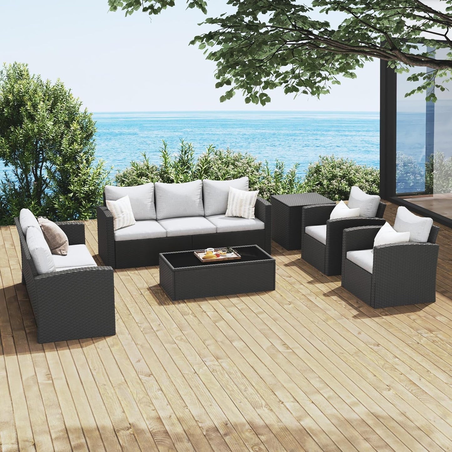 Royalcraft 9 Pieces Patio Furniture Set, All Weather PE Wicker Rattan Outdoor Sectional Sofa with Coffee Table and Navy Blue Cushion, Outdoor Furniture for Lawn Backyard Poolside Porch