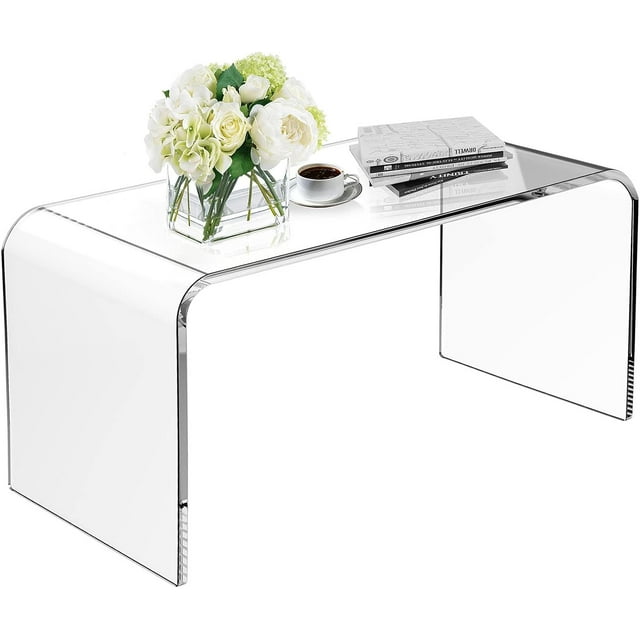 Royalcraft Acrylic End Table, Modern Lucite Side Table with Waterfall Edges, Contemporary Square Nightstand and Stool for Living Room and Bedroom, Clear