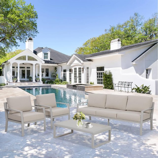 Royalcraft Aluminum Patio Furniture, Outdoor Metal Patio Furniture Conversation Set with Coffee Table, Outside Patio Sofa Sets with Cushion for Balcony Backyard Garden, Beige