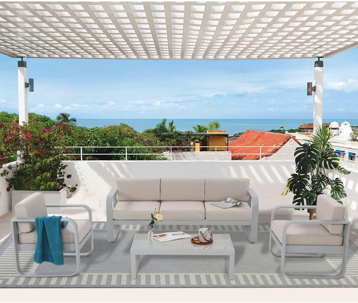 Royalcraft Aluminum Patio Furniture, Outdoor Metal Patio Furniture Conversation Set with Coffee Table, Outside Patio Sofa Sets with Cushion for Balcony Backyard Garden, Beige