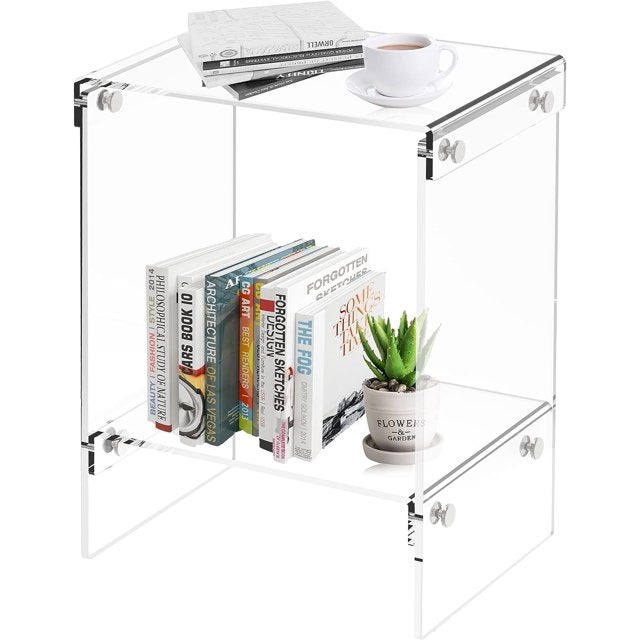 Royalcraft Acrylic End Table, Modern Lucite Side Table with Waterfall Edges, Contemporary Square Nightstand and Stool for Living Room and Bedroom, Clear