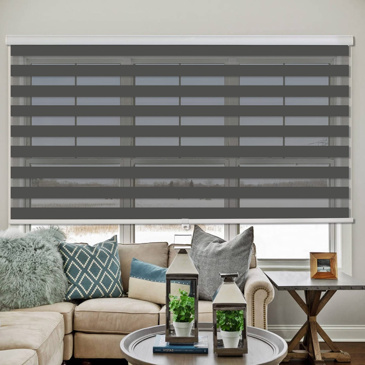 Royalcraft Cordless Zebra Blinds for Windows,36" W x 72" H White Dual Layer Zebra Roller Shades Blinds for Windows, Sheer or Privacy Light Control, Day and Night Window Shades for Living Rome, Office