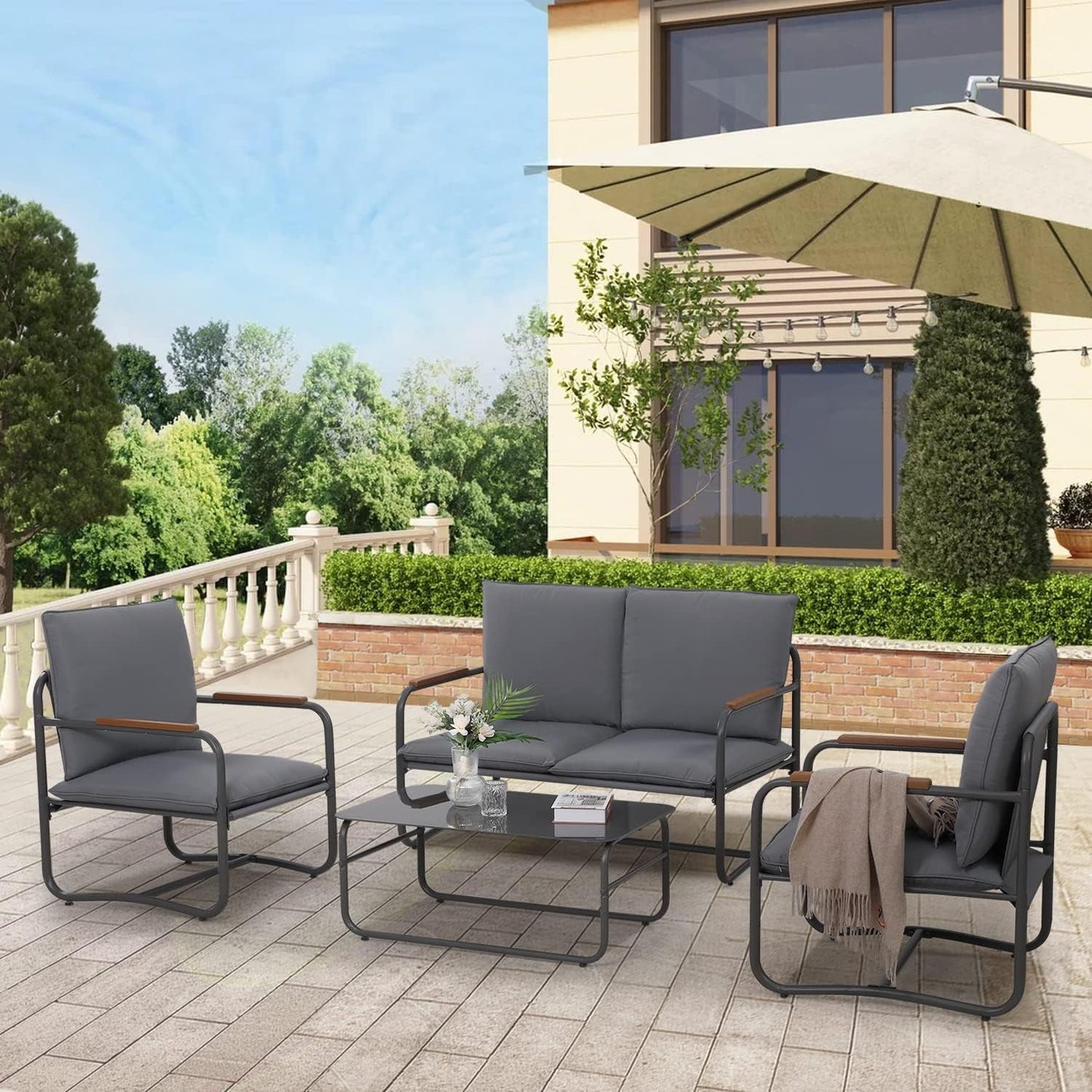 Royalcraft Aluminum Patio Furniture, Outdoor Metal Patio Furniture Conversation Set with Coffee Table, Outside Patio Sofa Sets with Cushion for Balcony Backyard Garden, Beige