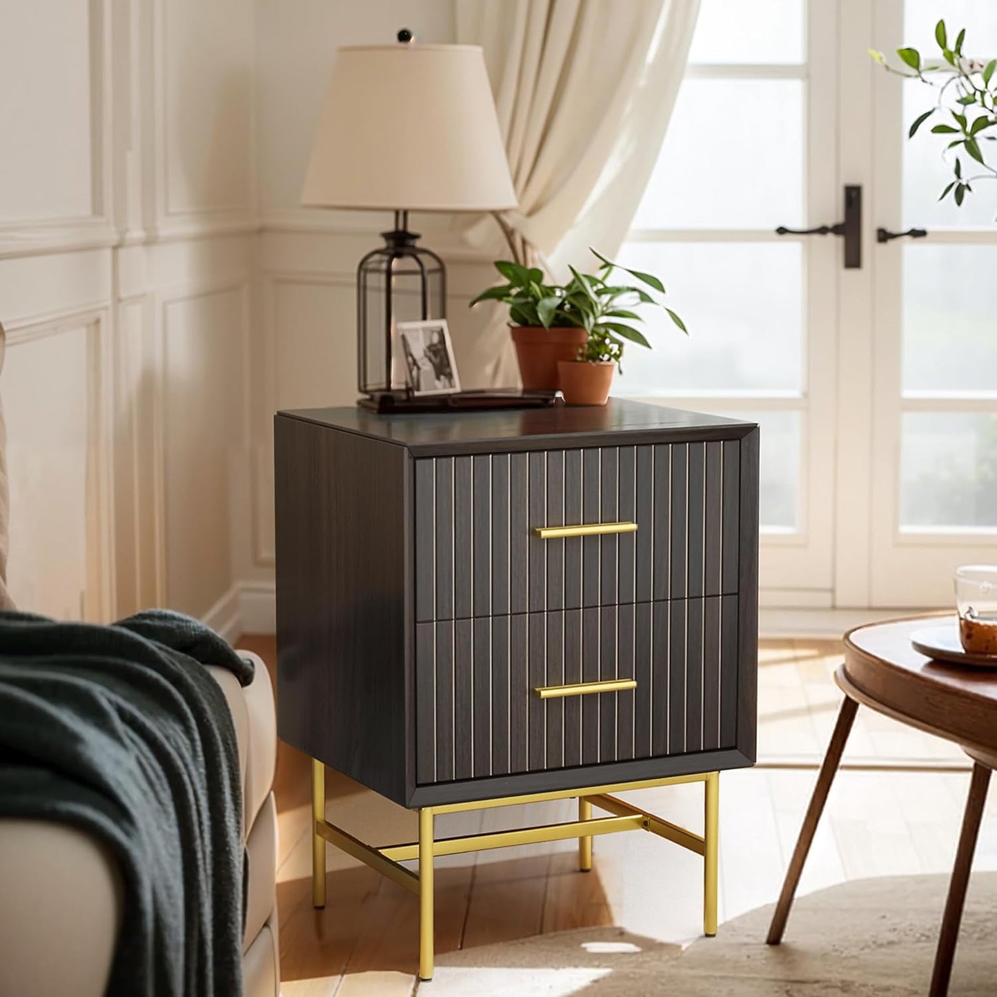 Royalcraft Nightstands set of 2, Wood Side Table with 2 Drawers, 2-Tier End Table with Adjustable Feet and Metal Leg, Modern Night Stands Cabinet for Bedroom, Living Room, Home Office, Charcoal Walnut