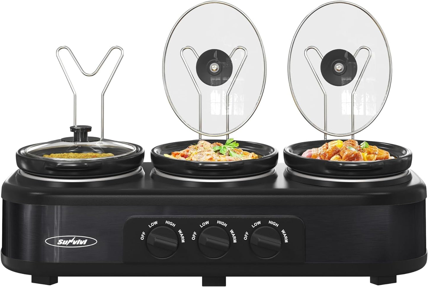 Royalcraft Triple Slow Cooker Buffet Servers and Warmer,3 Pot Food Small Mini Manual Slow Cooker with Adjustable Temp Stainless Steel Lid Rests,Removable Ceramic Pot,4.5 QT Red
