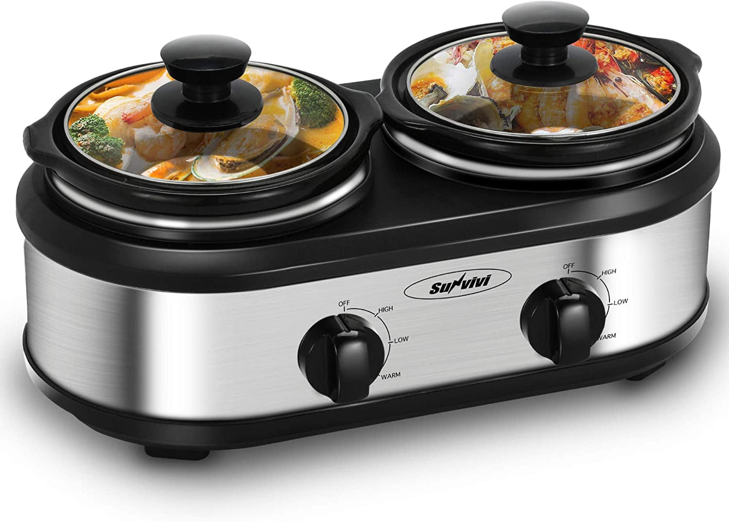 Royalcraft Triple Slow Cooker Buffet Servers and Warmer,3 Pot Food Small Mini Manual Slow Cooker with Adjustable Temp Stainless Steel Lid Rests,Removable Ceramic Pot,4.5 QT Red