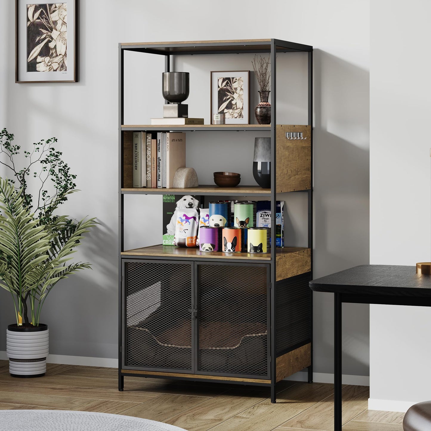 Superjoe Dog Crate Furniture with Display Shelf, Decorative Dog Crate Industrial Bookshelf with Kennel, Furniture Style Dog Crate for Medium Dog, Cat Litter Box Furniture, Brown