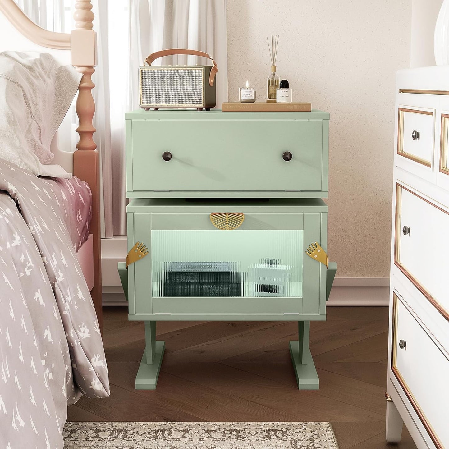 Superjoe Nightstand with LED Light Strips, Modern End Table with 360° Rotating Drawer, Bedside Table with Glass Door Storage, Wood Night Stand Cabinet for Living Room, Bedroom, Green