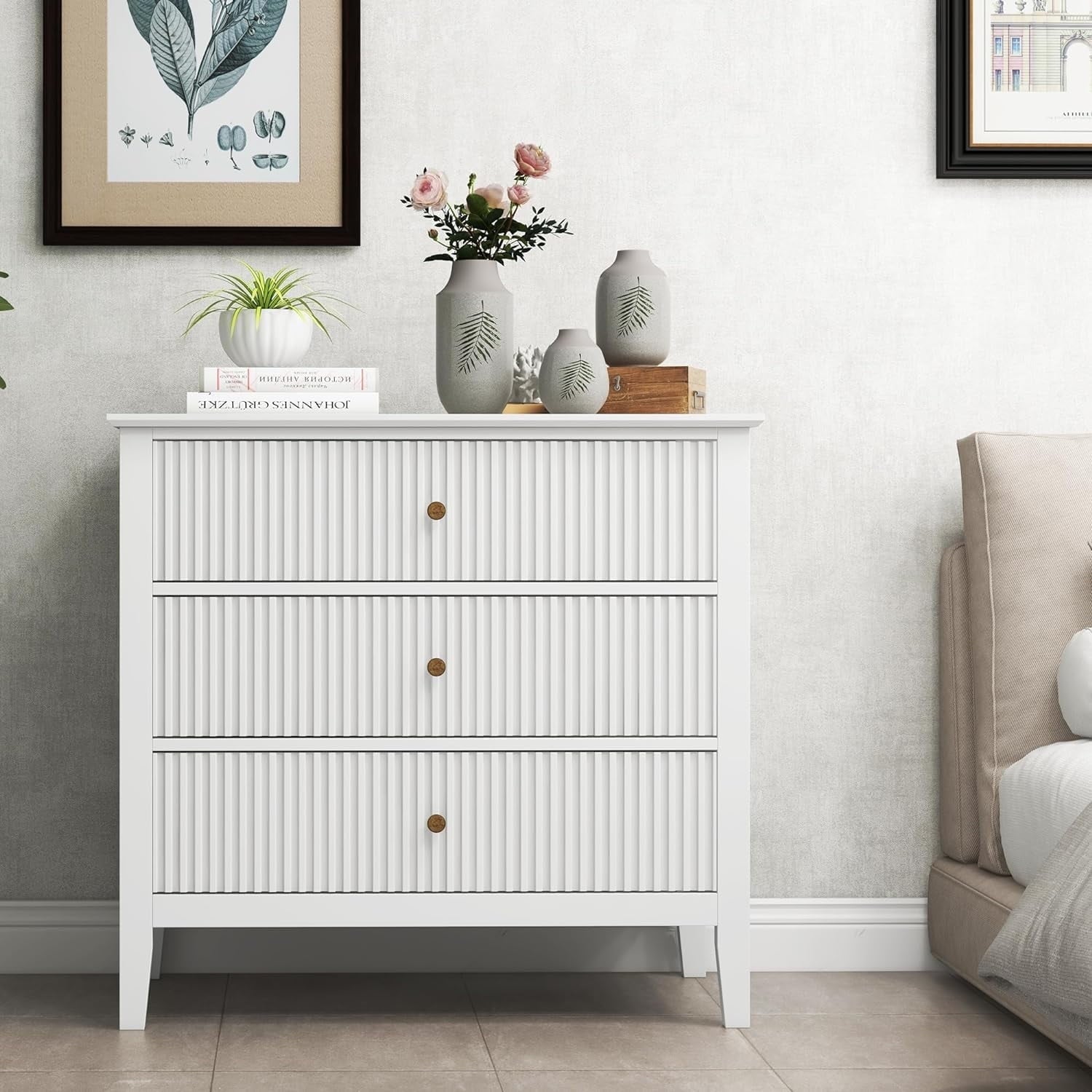 Superjoe White 3 Drawer Dresser with Fluted Panel, Modern Chest of Dr