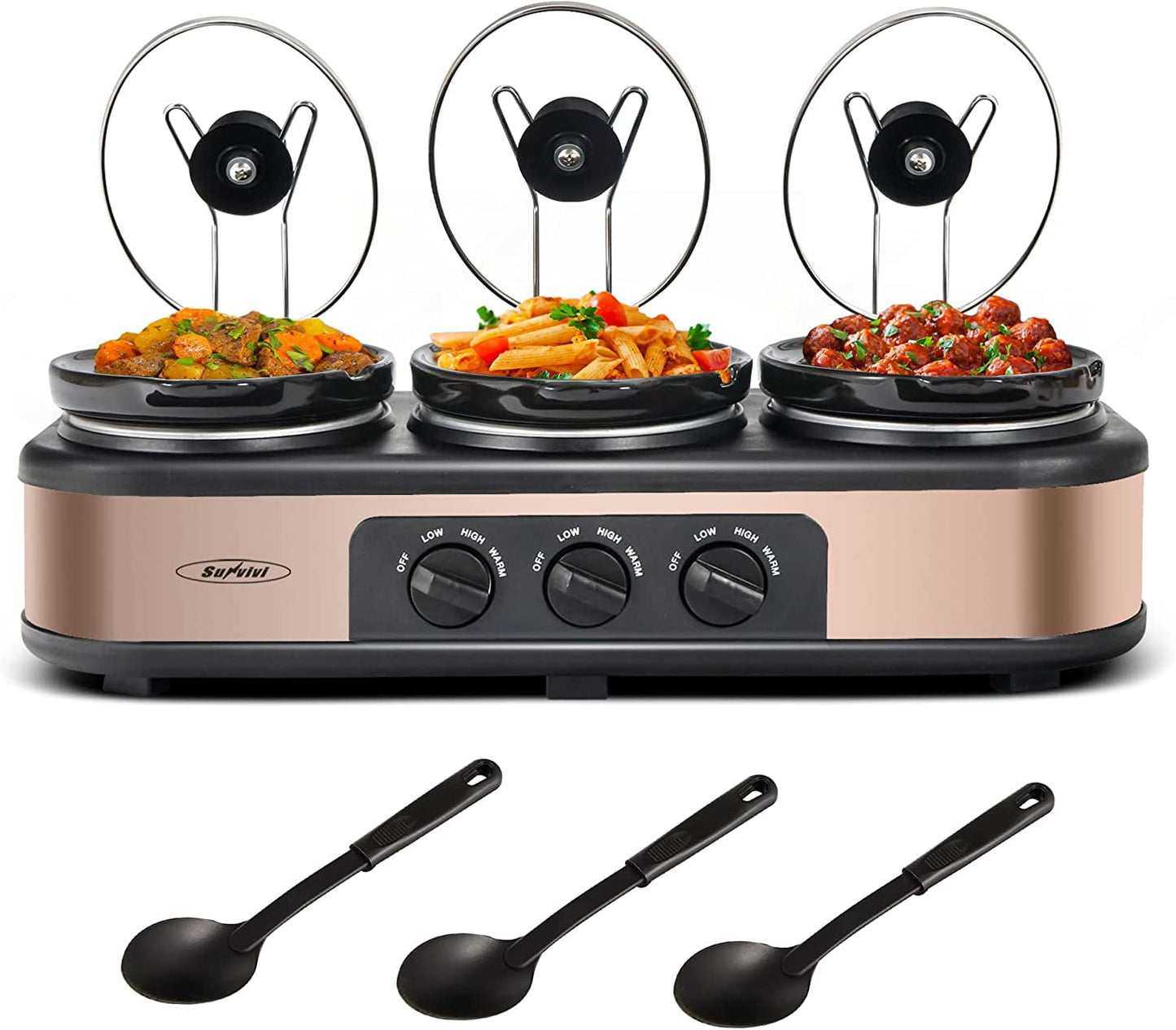 Royalcraft Triple Slow Cooker Buffet Servers and Warmer,3 Pot Food Small Mini Manual Slow Cooker with Adjustable Temp Stainless Steel Lid Rests,Removable Ceramic Pot,4.5 QT Red