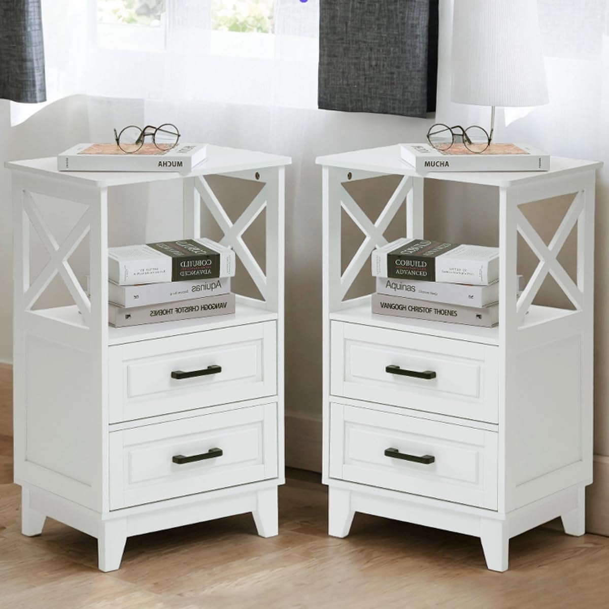 RoyalCraft Nightstand with 2 Storage Drawers, Tall End Table with Wooden x-Design for Bedroom , White