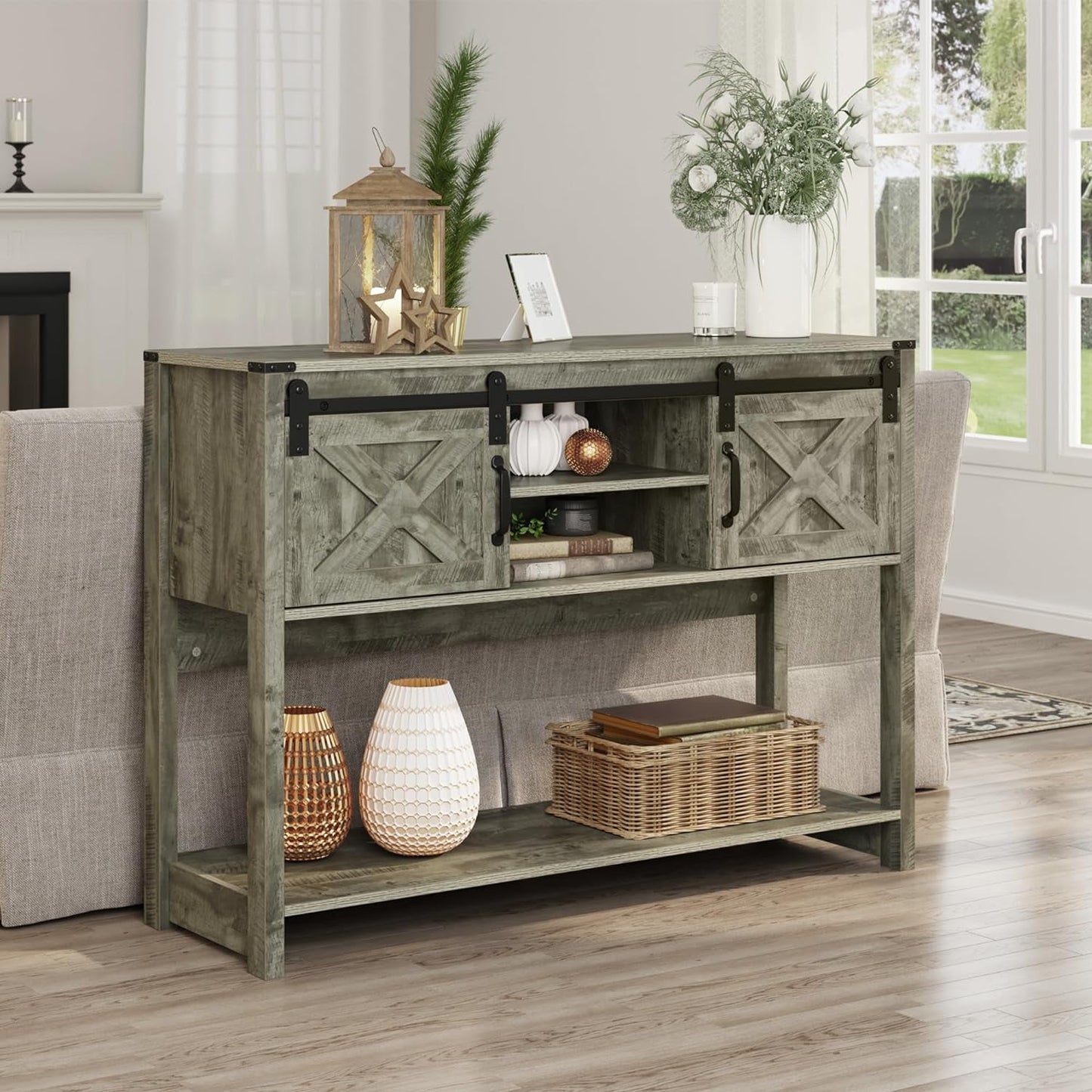 Royalcraft Entryway Table with Storage, 46" Modern Farmhouse Console Table with Sliding Barn Door, Wood Rustic Sofa Table with Adjustable Shelf for Hallway, Living Room, Foyer, White and Rustic Oak
