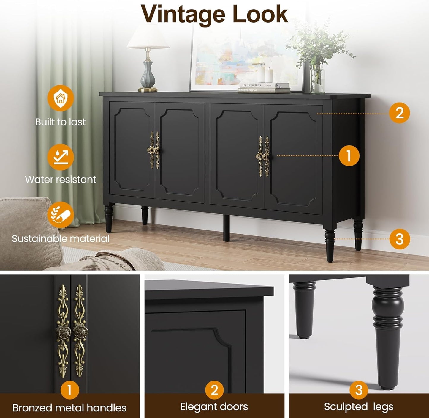 May in Color Sideboard Buffet Cabinet, 58'' Wood Console Cabinet with Storage & 4 Doors, Mid Century Media Cabinet for Entryway, Living Room, Dining Room, Black