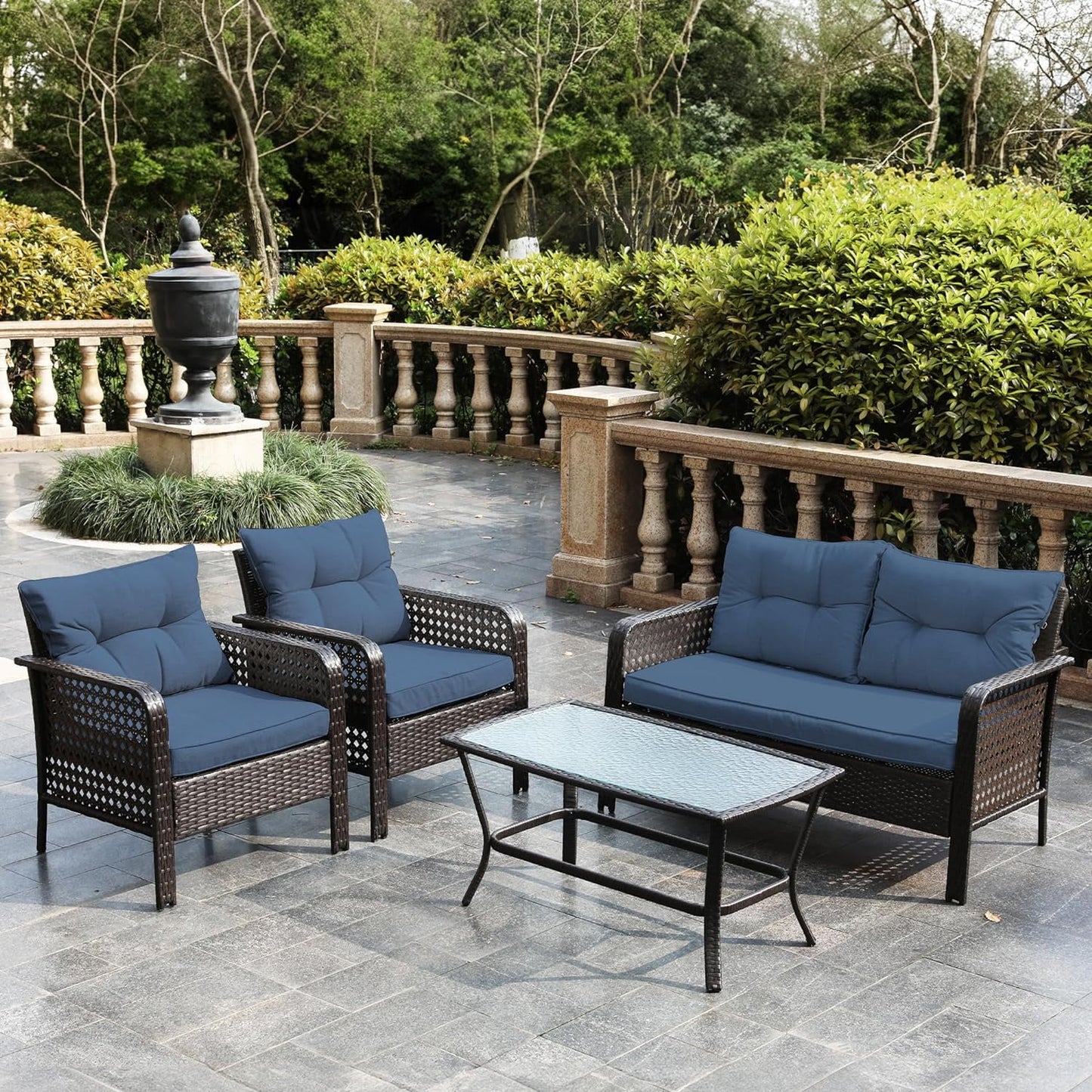 CozyHom 4-Piece Patio Furniture Set, Outdoor Rattan Chair Wicker Conversation Sets with Cushions and Glass Coffee Table, for Porch Balcony Garden Backyard Deck