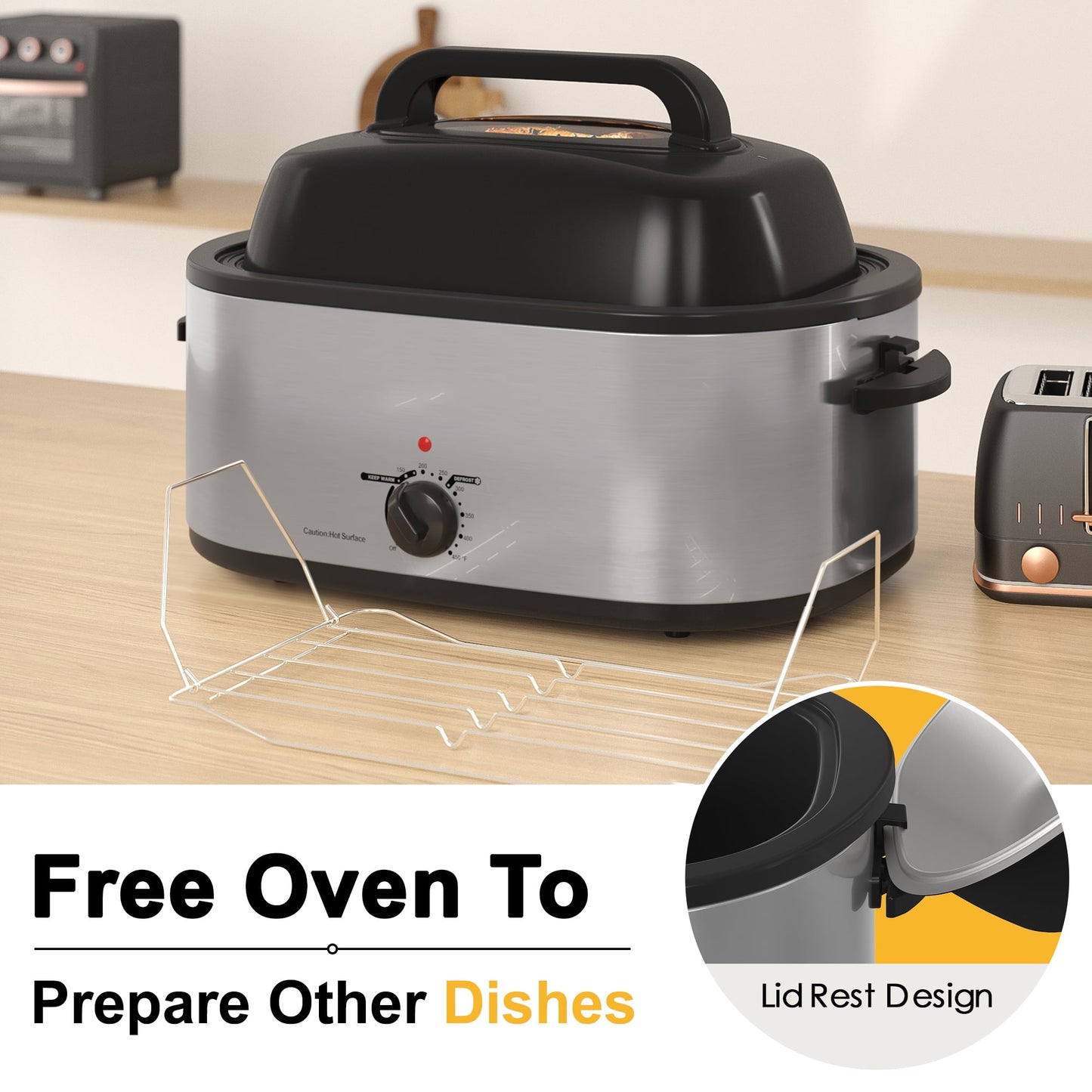 RoyalCraft 24 Quart Electric Roaster Oven with Visible & Self-Basting Lid, Stainless Steel, White