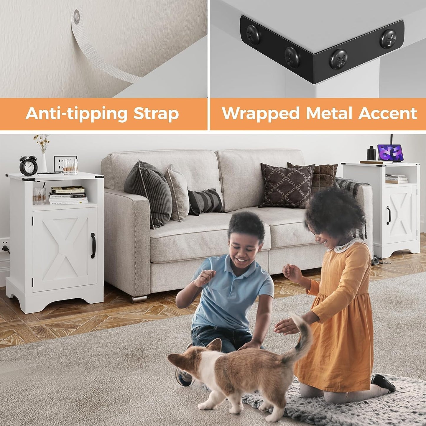 RoyalCraft Nightstand with Charging Station, Farmhouse Bedside Table with X-Shaped Design,Wooden Rustic End Table with Large Storage Cabinet Room and Shelf for Bedroom, Living Room, Solid White