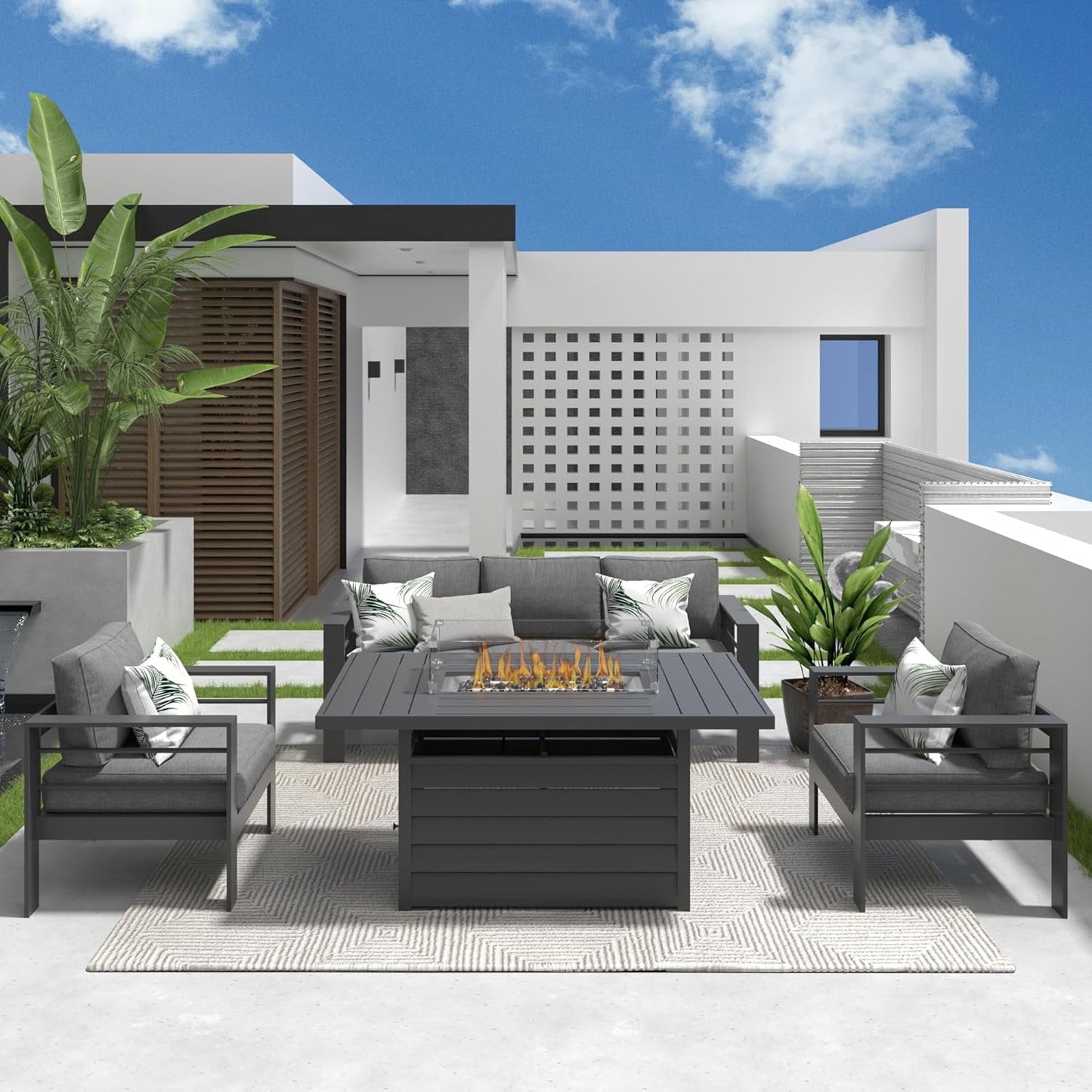 Superjoe Outdoor Furniture Set w/CSA Certified 54in Propane Gas Fire Pit Table, 5 Seats Aluminum Patio Conversation Sofa with 5in Olefin Cover Cushions, Dark Gray