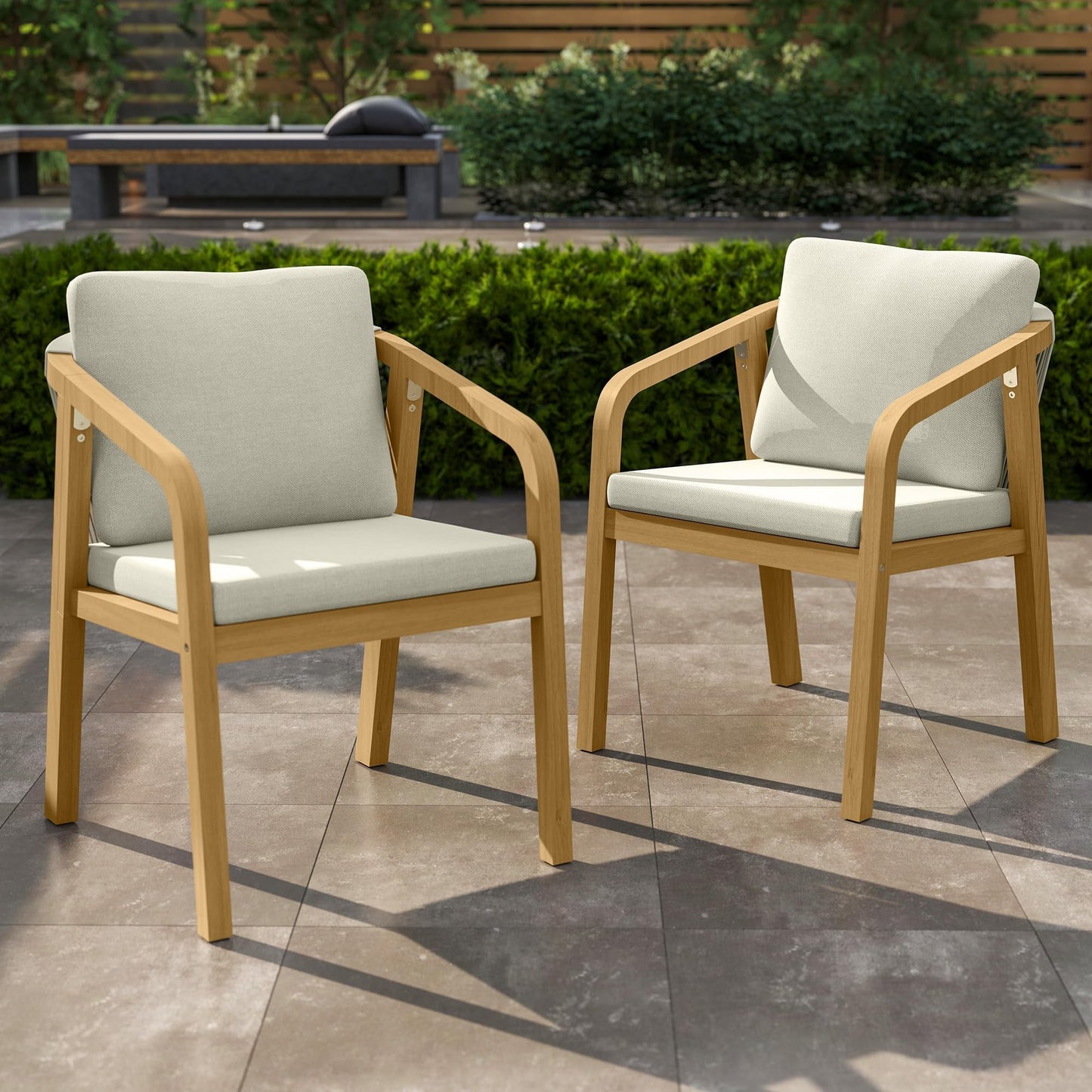 Heynemo Acacia Patio Dining Chairs Set of 6, Outdoor Wood Dining Chairs with Thick Cushions, Modern Patio Chairs with Woven Rope Backrest for Porch, Backyard, Garden, Indoor, Beige