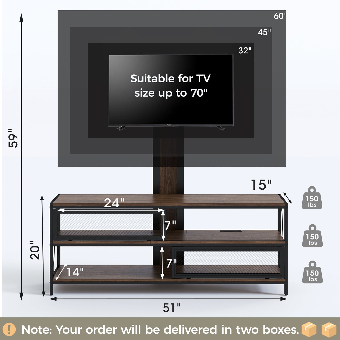 Royalcraft TV Stand with Mount and Power Outlet, 51" Swivel TV Stand Mount for 32/45/55/60/65/70 Inch TVs, LED Entertainment Center with Storage Shelves for Living Room, Bedroom, Office, Rustic Brown