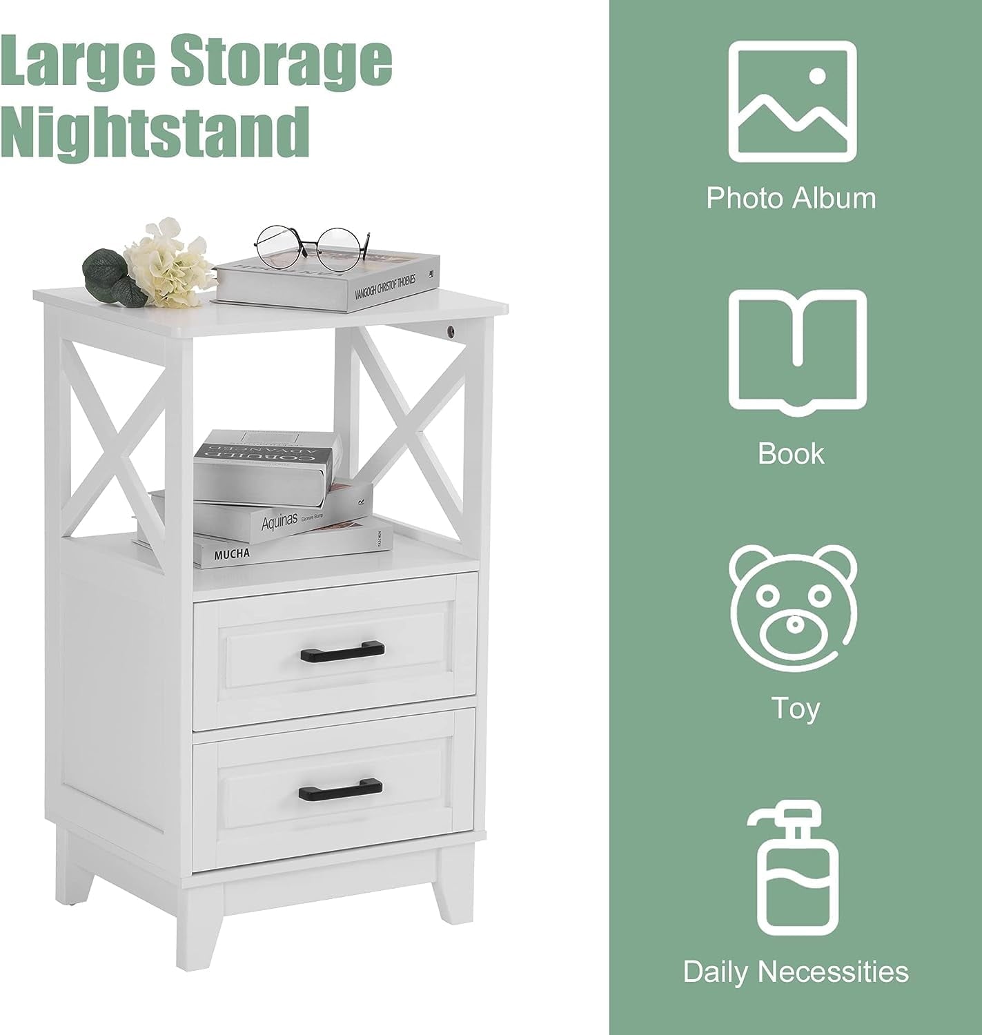 White Nightstand Set of 2, Wood X-Design Tall Nightstand with 2 Drawers, Modern Side Tables with Storage, Bedside End Tables for Bedroom, Living Room