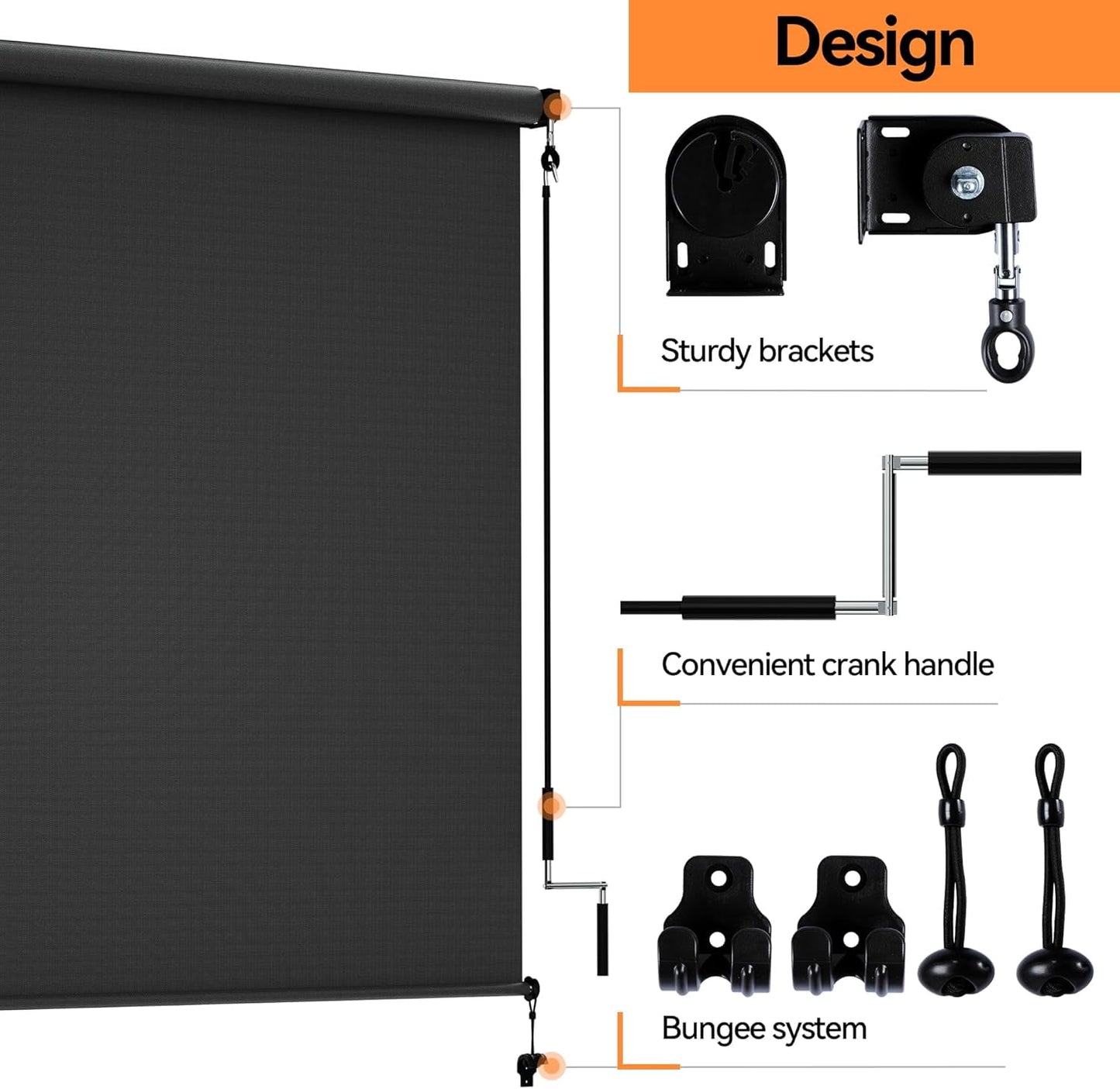 Outdoor Roller Shades for Patio New Material with 95% UV Protection, Cordless Patio Shades Roll Up Outdoor Blinds with Crank Handle for Shading, Protect Privacy, No Valance, (6' W X 8' L), Black