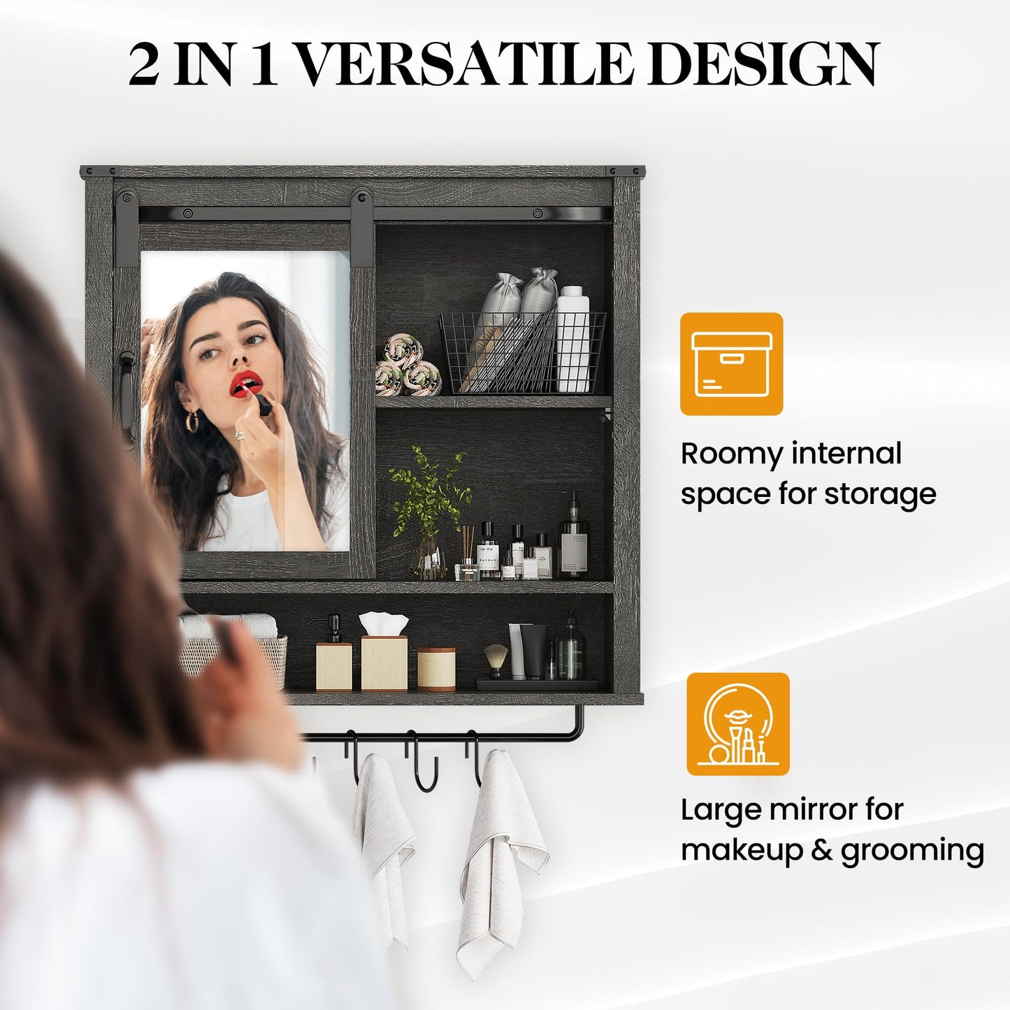 RoyalCraft 28in Bathroom Cabinet Wall Mount with Sliding Mirror Door, Over The Toilet Storage Cabinet, Farmhouse Medicine Cabinet with Shelves and Towel Bar for Living Room, 28" W x 29" H, Dark Grey