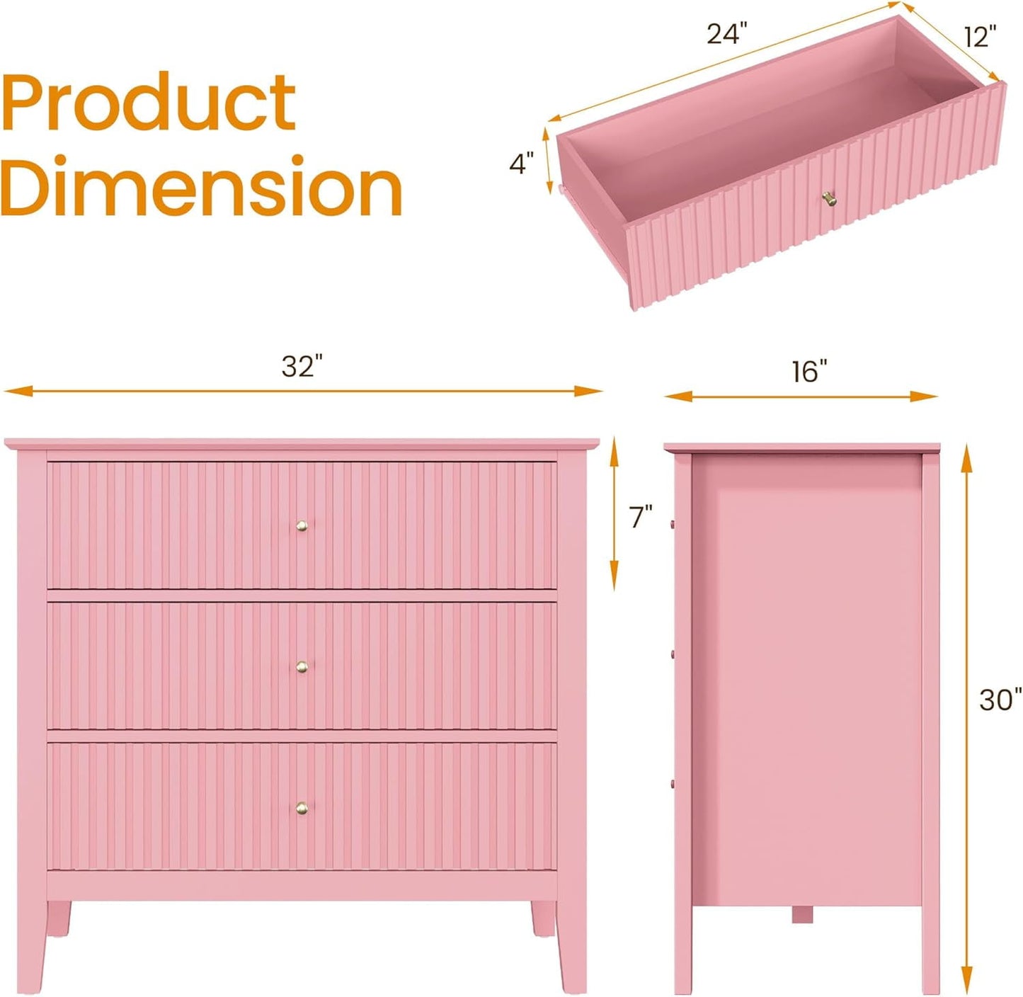 Mayincolor Fluted 32ch Wide Nightstand for Bedroom, Large Pink Nightstand with 3 Drawer, Modern End Table, Wood Beside Table for Home and Office