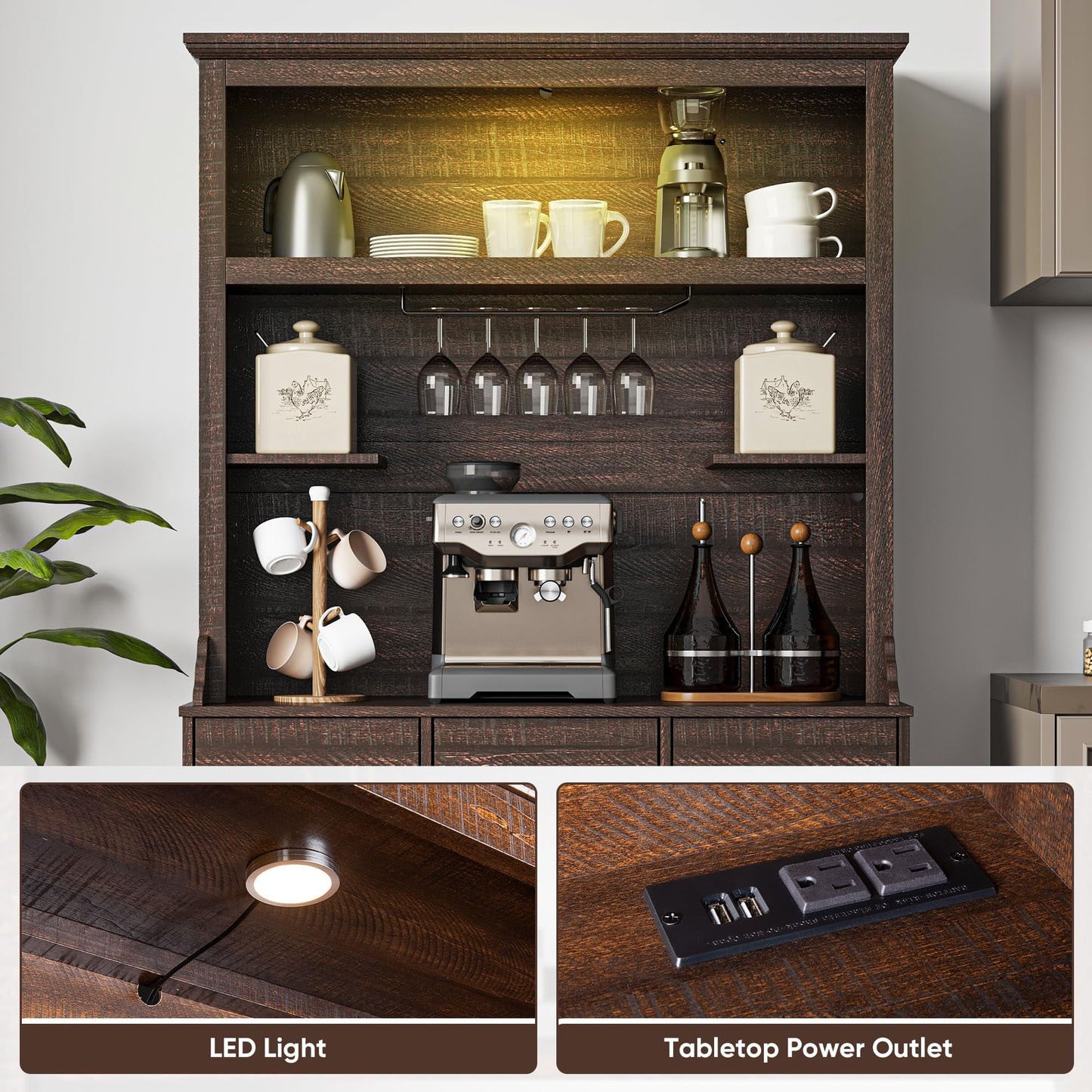 CozyHome Kitchen Hutch Storage Cabinet w/Power Outlet, 71” Tall Pantry Cabinet w/LED and Wine Glasses Rack, Farmhouse Coffee Bar Cabinet w/Drawers for Dining Room, Dark Rustic Oak