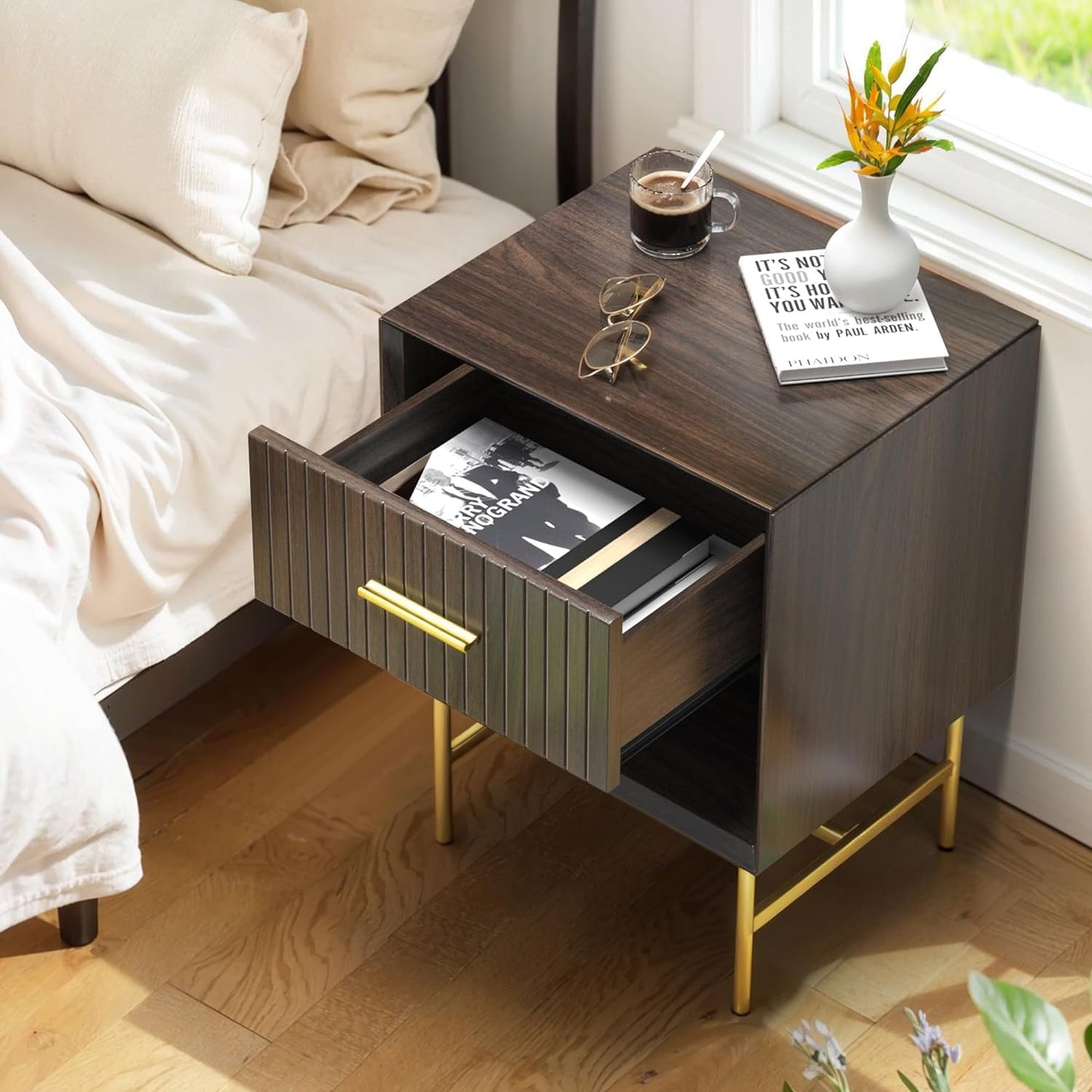 RoyalCraft Nightstand with Drawer, 2-Tier Side Table, Wood End Table with Adjustable Feet and Stable Metal Leg, Modern Night Stand Cabinet for Bedroom, Living Room, Home Office, Charcoal Walnut