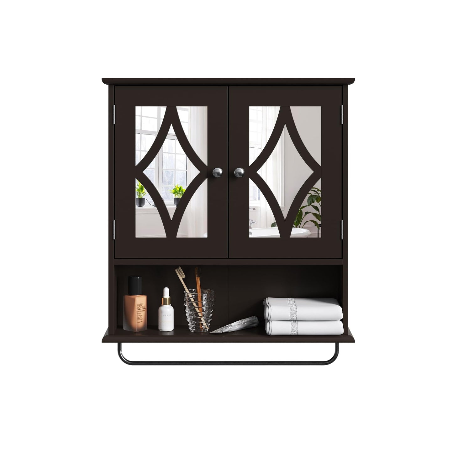 RoyalCraft Bathroom Medicine Cabinet with Mirror, Vanity Wall Mounted Storage Cabinet with Adjustable Shelves and Towel Bar, Hanging Wall Cabinet for Bathroom, Laundry, Living Room, Brown