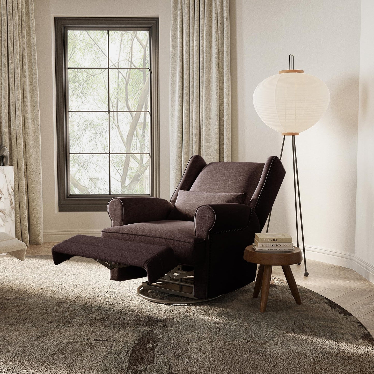 RoyalCraft Swivel Recliner Chair, Comfy Glider Rocking Chairs with Lumbar Pillow and Footrest, Upholstered Swivel Rocking Chair for Bedroom,Nursery,Brown