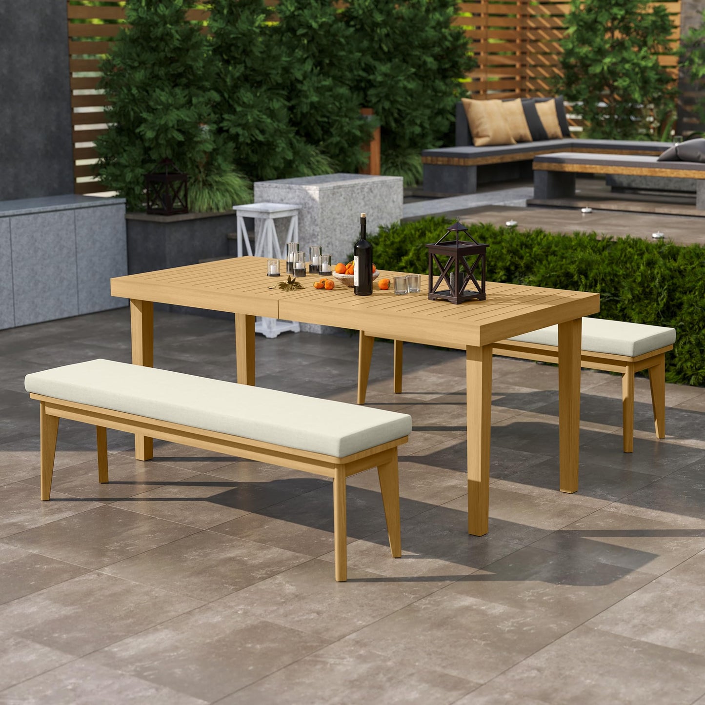Heynemo Acacia Patio Bench Set of 2, Upholstered Bench with Thick Cushion, Modern Wood Outdoor Dining Bench for Porch, Backyard, Garden, Indoor, Beige