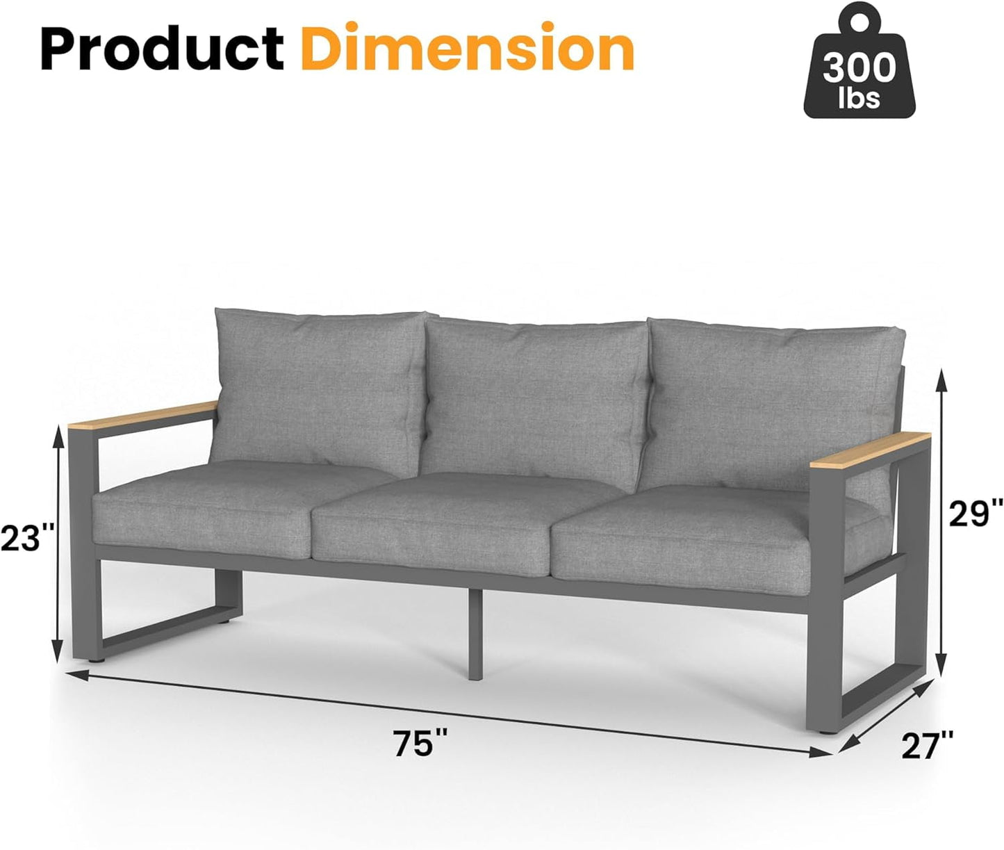 Royalcraft Aluminum Outdoor Couch, All-Weather Metal Patio 3-seat Sofa with Soft Thick Cushions, Patio Sofa Couch for Porch Backyard Garden, Grey