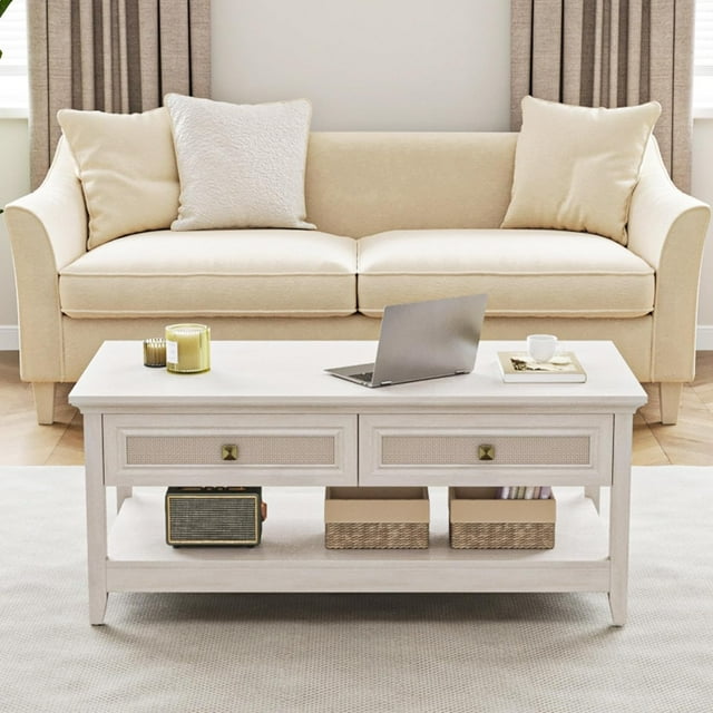 Royalcraft Farmhouse Coffee Table, Boho Tea Table with 2 Rattan Decor Drawers, Accent Center Sofa Table with Storage Shelf, 2 Tier Coffee Table for Bedroom, Living Room, Home Office, Grayish White